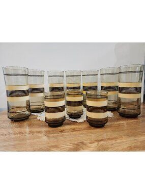 Libbey Striped Amber Brown Glasses Juice & Tumbler Cups Vintage Lot (10)